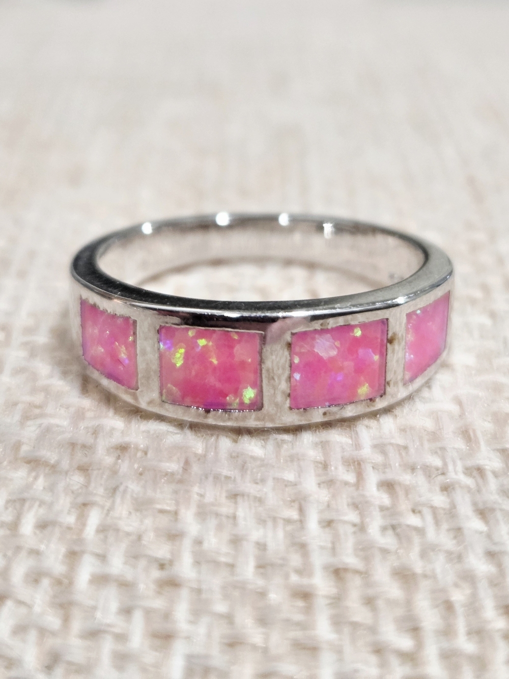Silver Band Ring with Pink Opal Inlay - Women's Jewelry~ Size 5